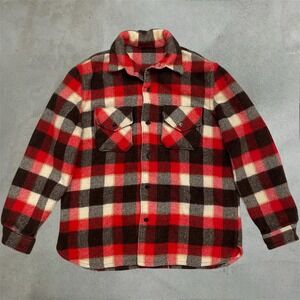 Vintage 40s 50 Wool Flannel Shirt Jacket Mens L Red Brown Buffalo Plaid Workwear